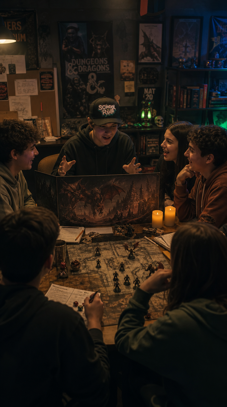 Jóvenes jugando D&D en mesa